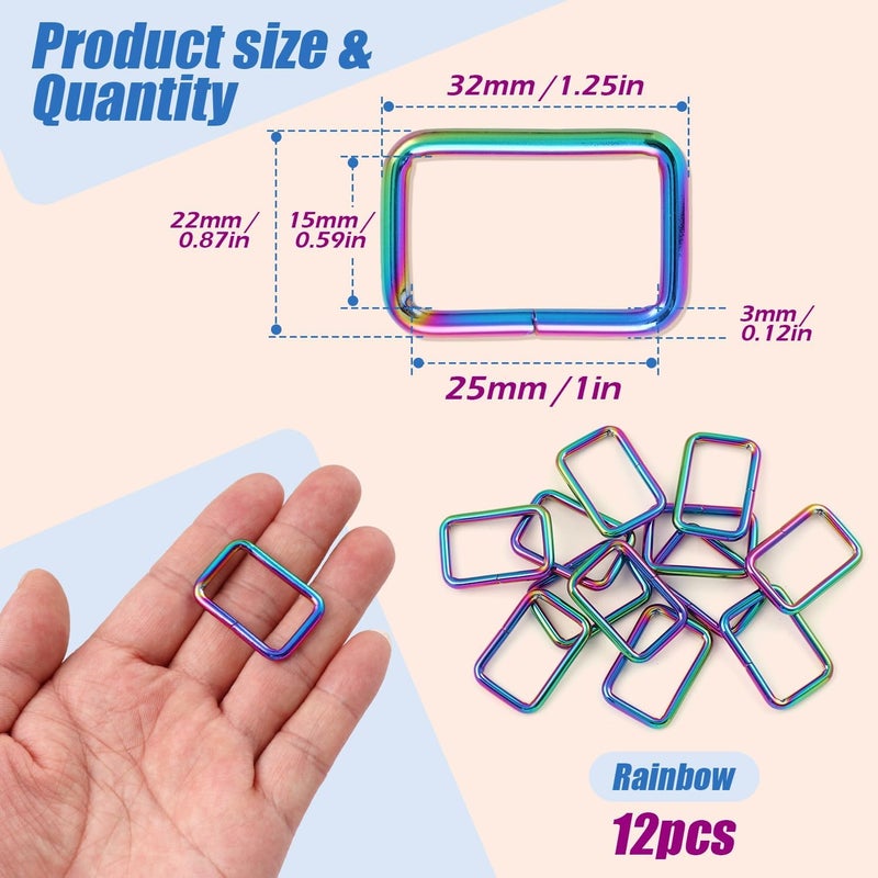 PECMER Rainbow 1 Inch Rectangle Rings for Purses and Bags 12 PCS Adjustable Waist Buckle Replacement Purse Hardware for Bag Making Webbing 25MM - Image 2